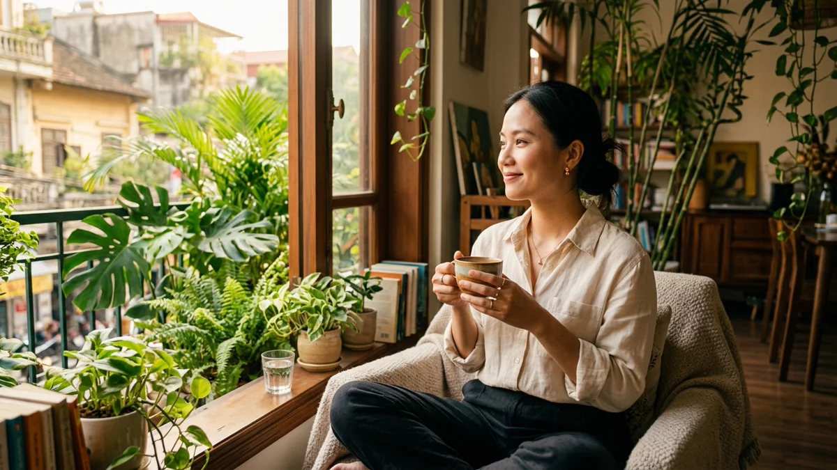 Một người phụ nữ ngồi thiền định thư thái tìm lại sự bình an nội tại và cân bằng cuộc sống